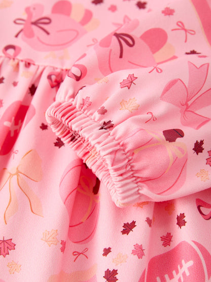 Halloween Football Pumpkin Bow Print Pink Girls Dress