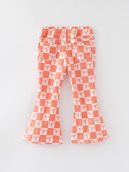 Girls Orange Bow Print Plaid Flared Jeans