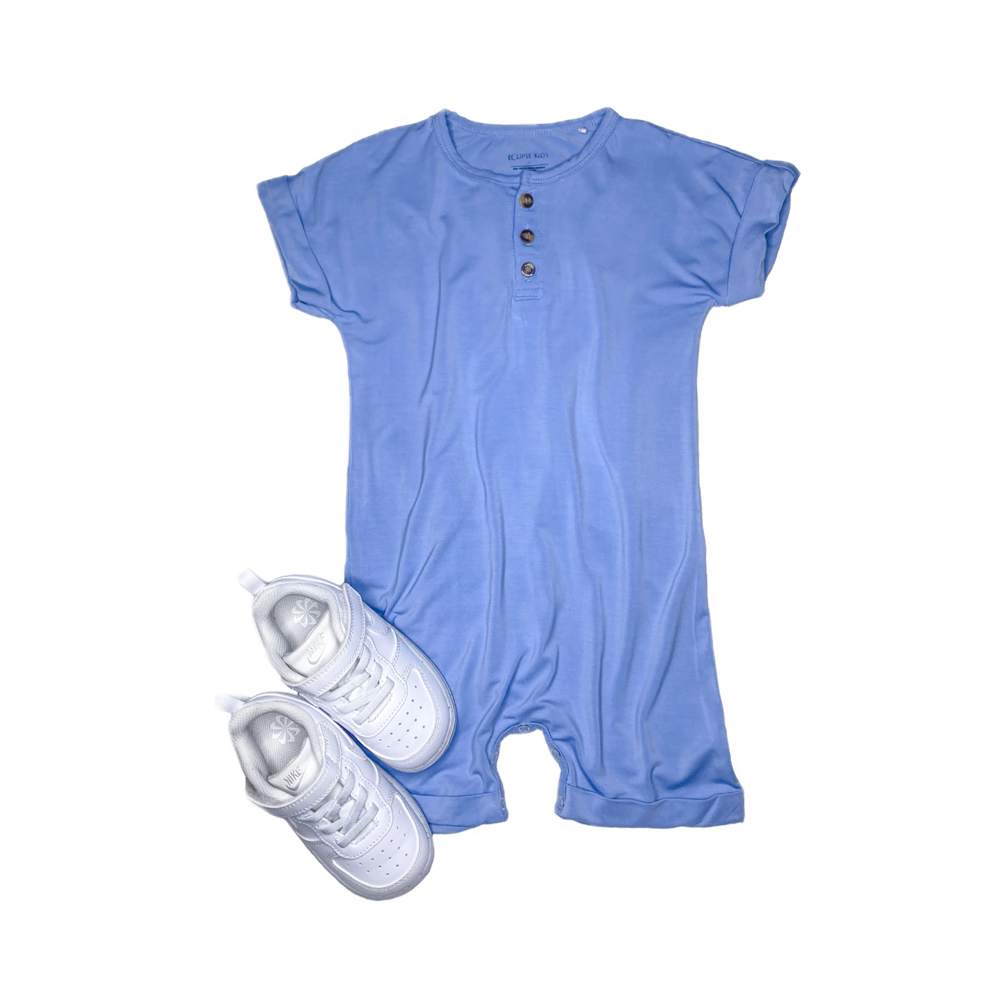 Henley Short Sleeve Romper - Chambray Blue