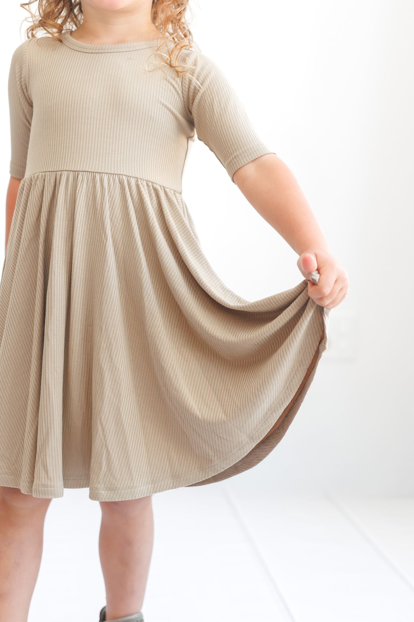 MID SLEEVE TWIRL DRESS- Mushroom Ribbed