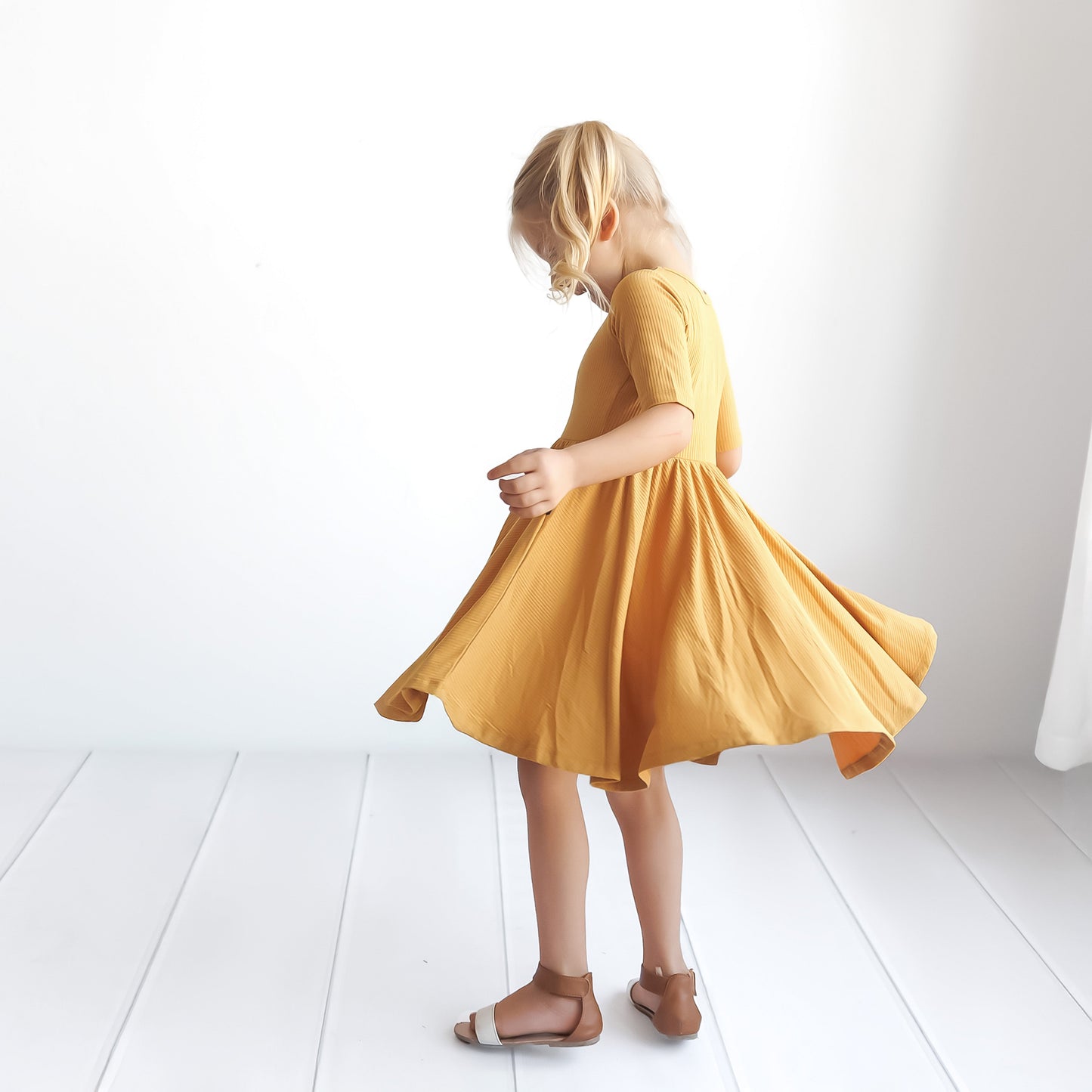 MID SLEEVE TWIRL DRESS- Honey Mustard Ribbed