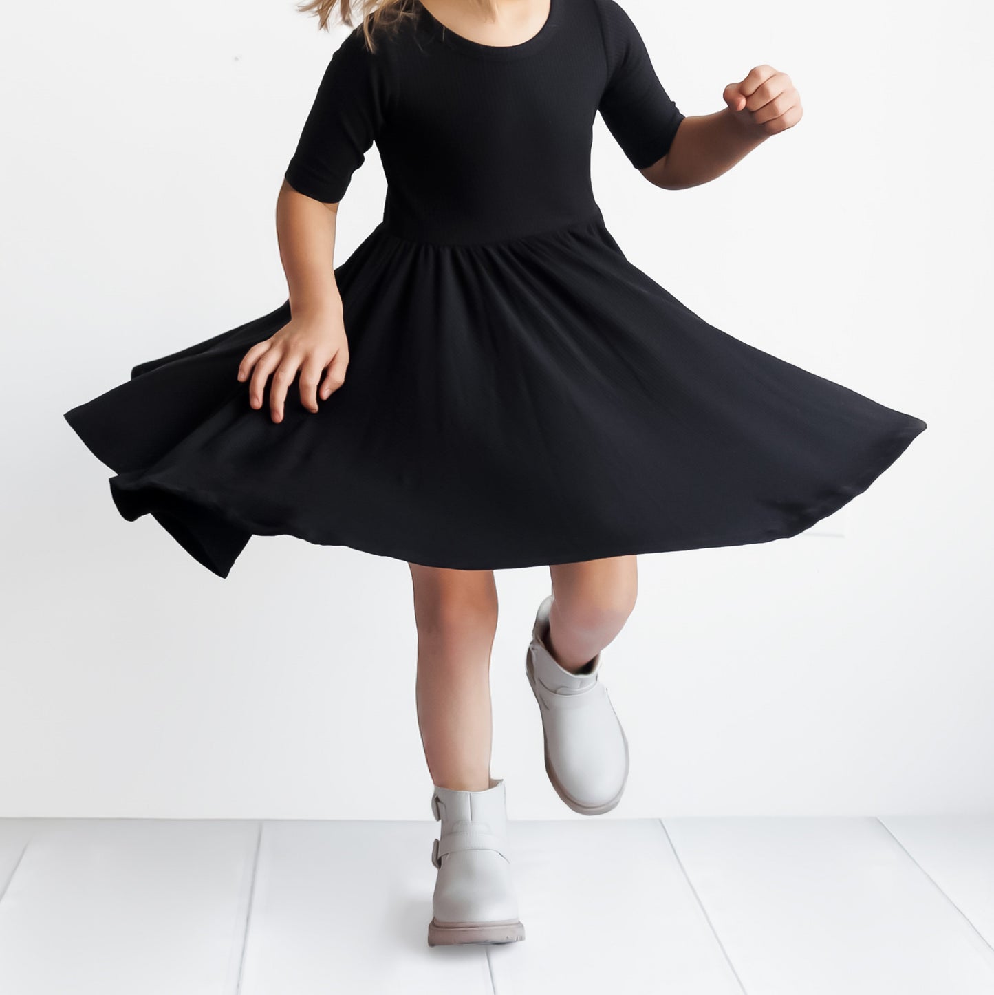 MID SLEEVE TWIRL DRESS- Midnight Ribbed