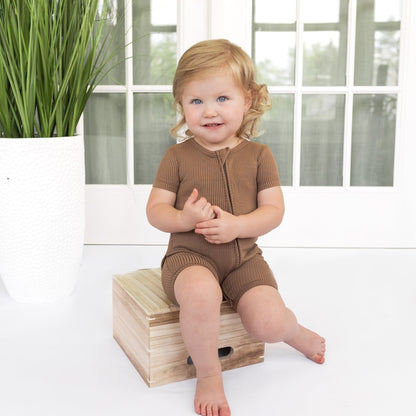 SHORTIE ZIP ROMPER - Mocha Ribbed