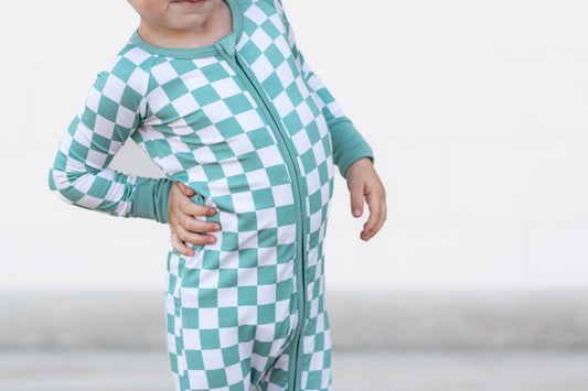 ZIP ROMPER - Sage Check