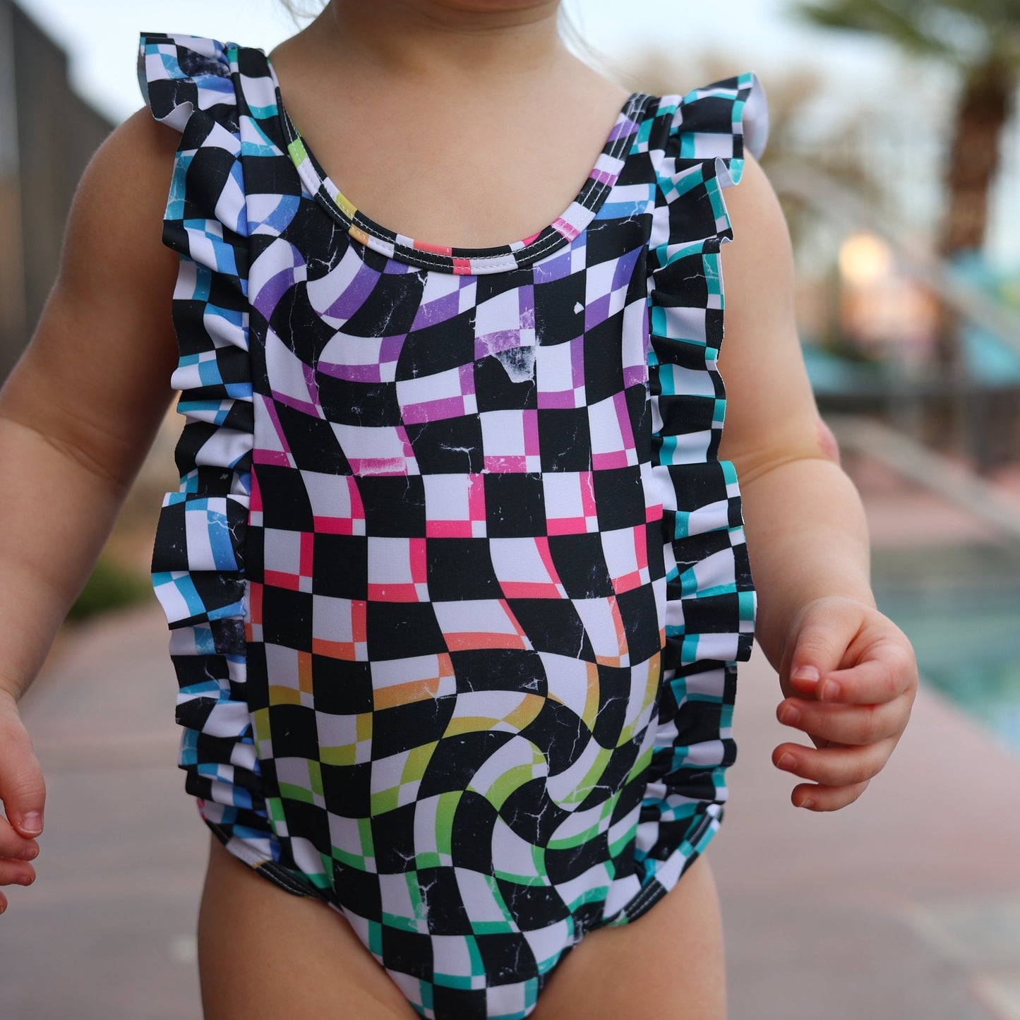 RUFFLE SWIMSUIT- Neon Dizzy Check