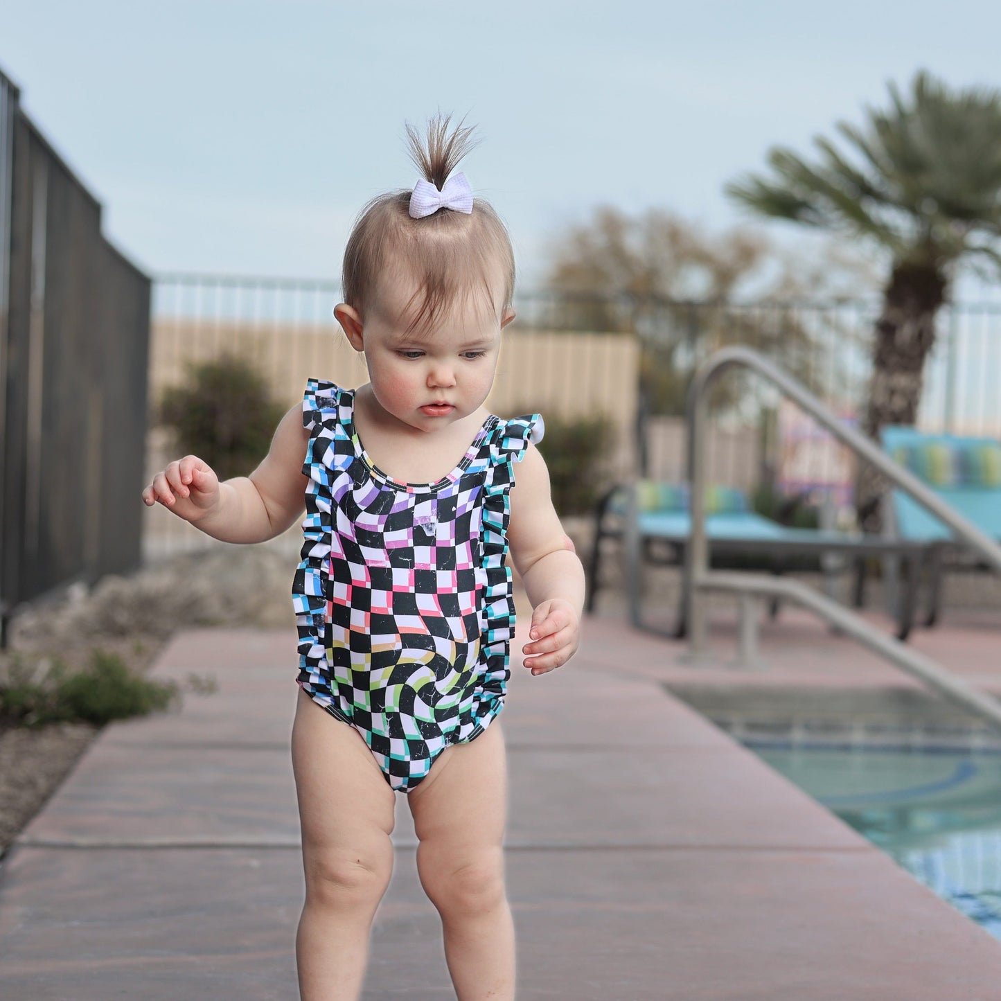 RUFFLE SWIMSUIT- Neon Dizzy Check