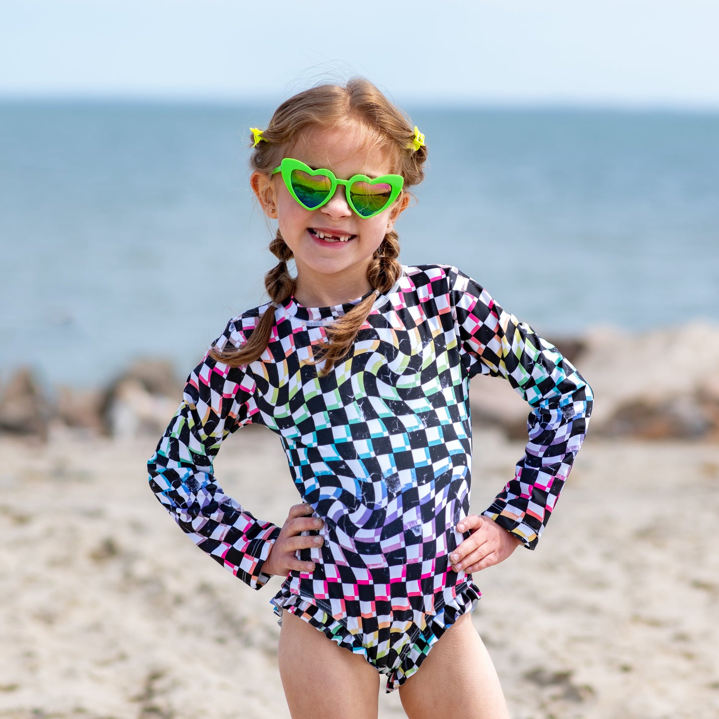 RUFFLE RASH GUARD- Neon Dizzy Check