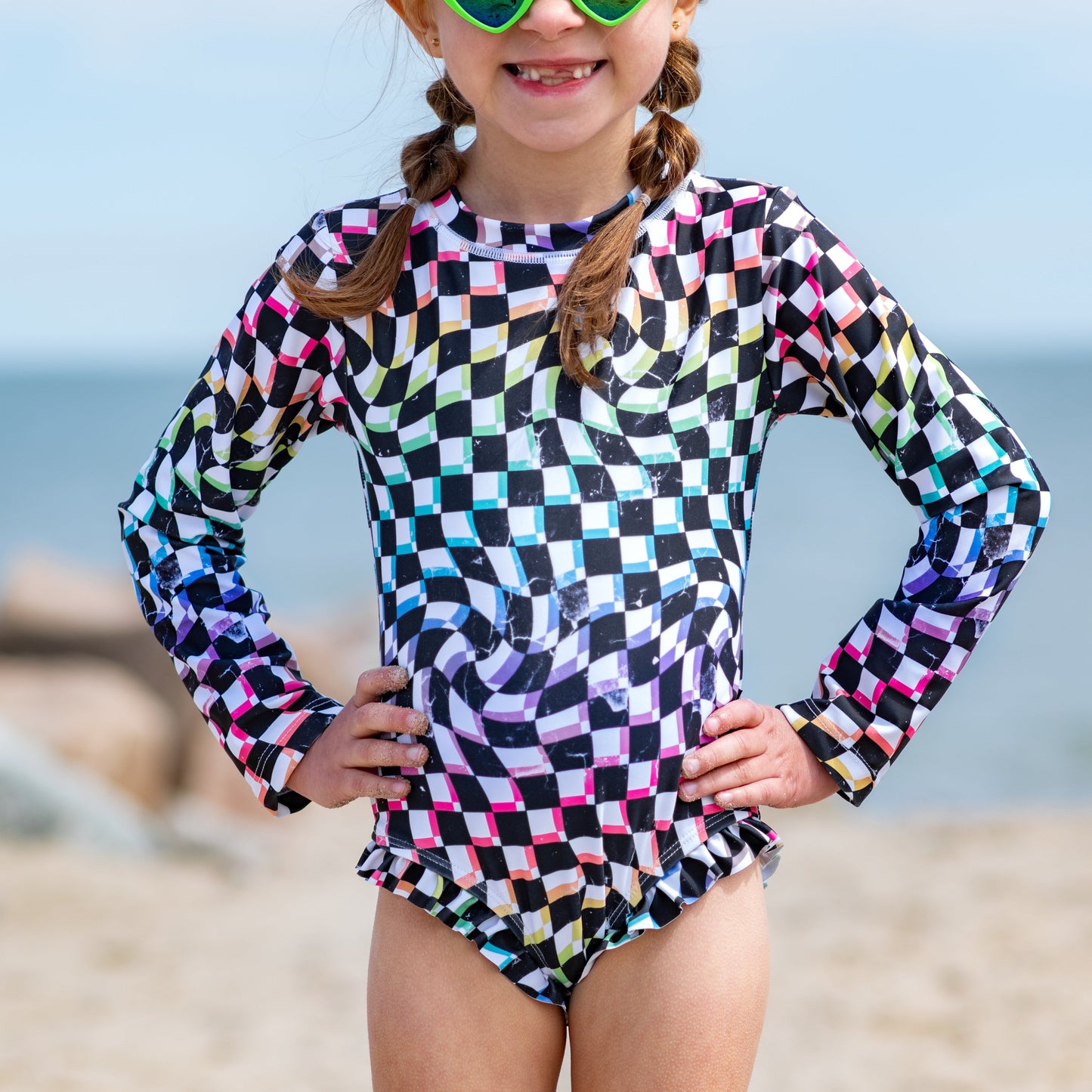 RUFFLE RASH GUARD- Neon Dizzy Check