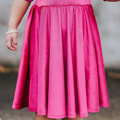 VELVET MID SLEEVE TWIRL- Pink Opal (Hot Pink) Stretch Velvet Twirl Dress