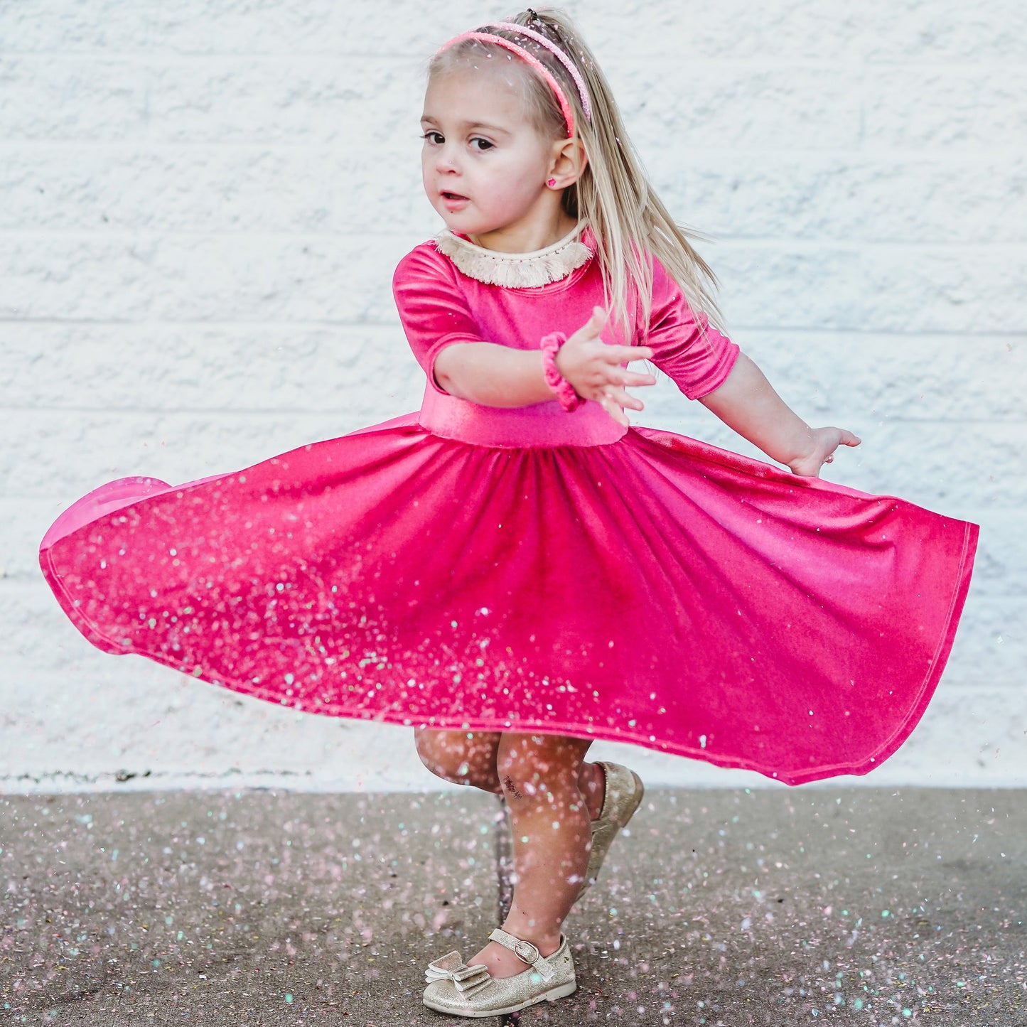 VELVET MID SLEEVE TWIRL- Pink Opal (Hot Pink) Stretch Velvet Twirl Dress