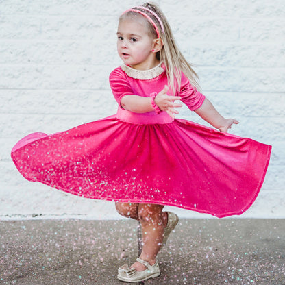 VELVET MID SLEEVE TWIRL- Pink Opal (Hot Pink) Stretch Velvet Twirl Dress