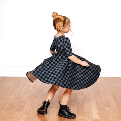 MID SLEEVE TWIRL DRESS- Grey Check