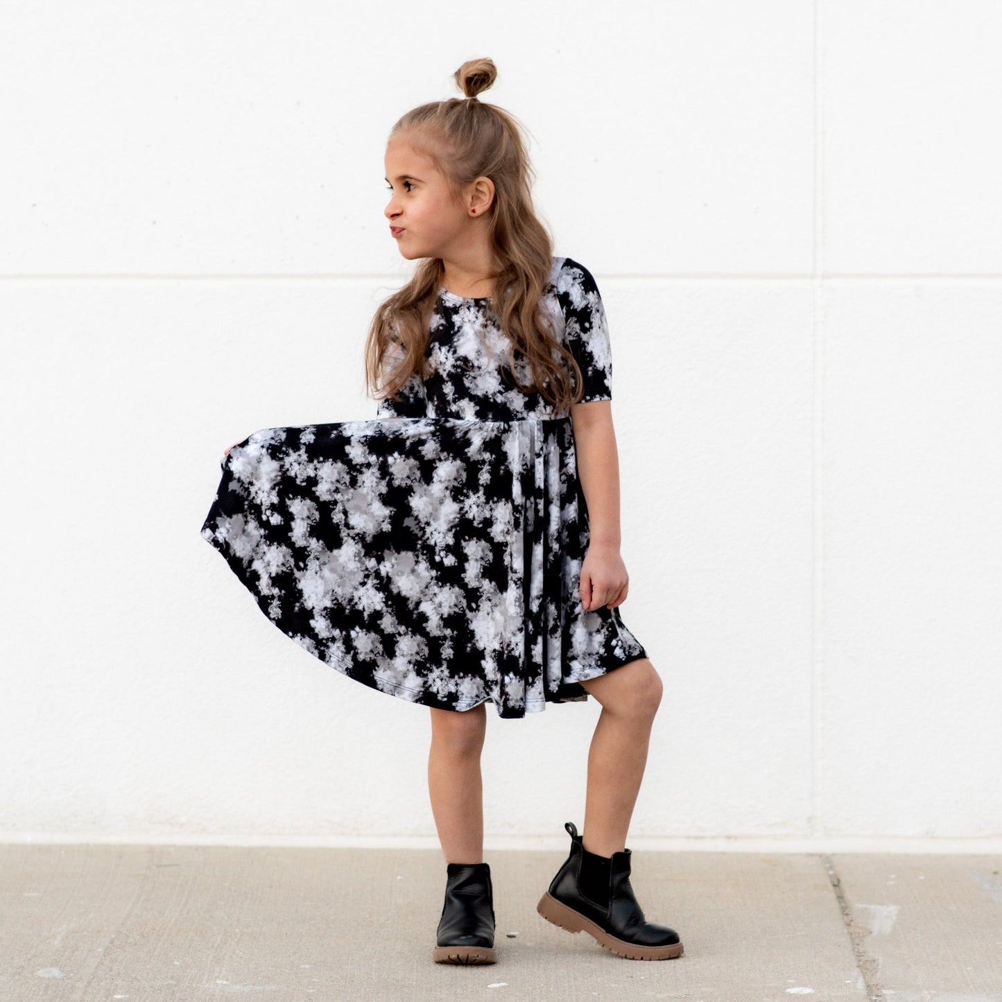 MID SLEEVE TWIRL DRESS- Black Tie Dye