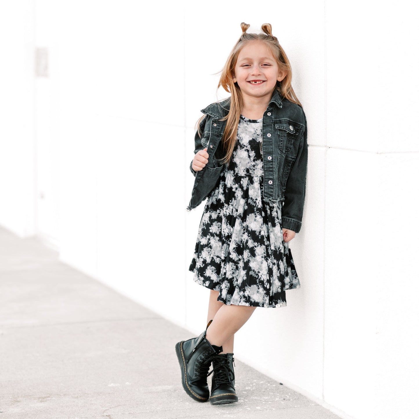 MID SLEEVE TWIRL DRESS- Black Tie Dye