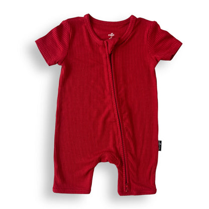 SHORTIE ZIP ROMPER - Red Ribbed