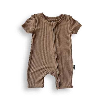 SHORTIE ZIP ROMPER - Mocha Ribbed