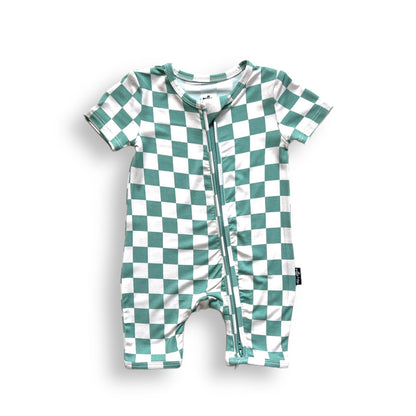 SHORTIE ZIP ROMPER - Sage Check