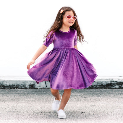 VELVET MID SLEEVE TWIRL- Lavender Stretch Velvet Twirl Dress