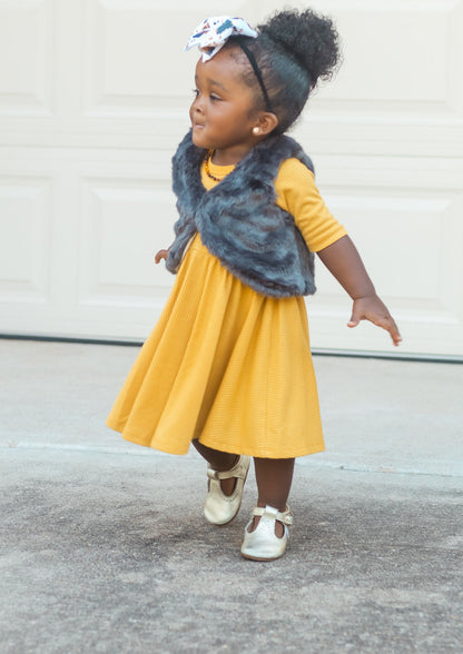 MID SLEEVE TWIRL DRESS- Honey Mustard Ribbed