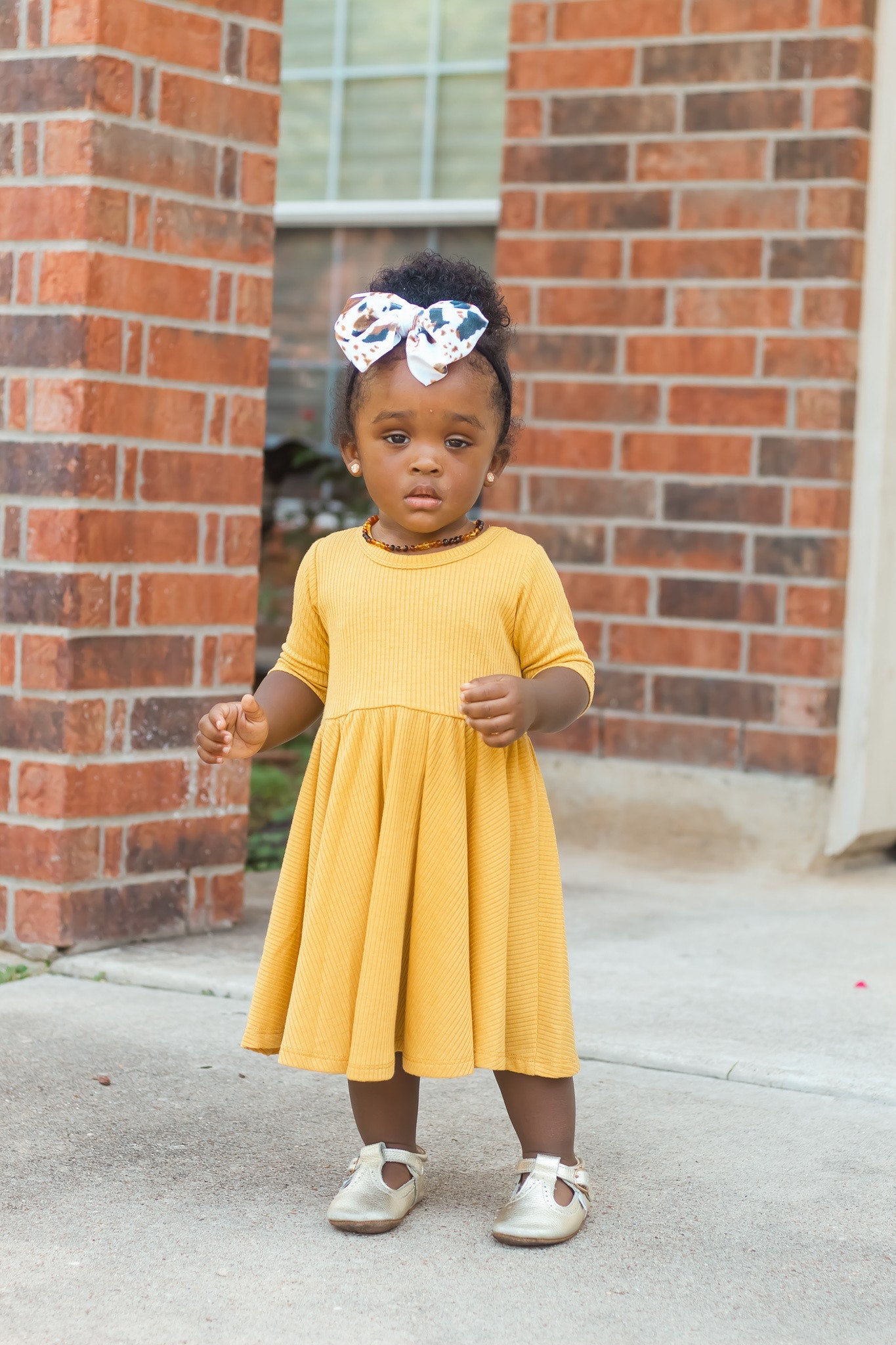 MID SLEEVE TWIRL DRESS- Honey Mustard Ribbed