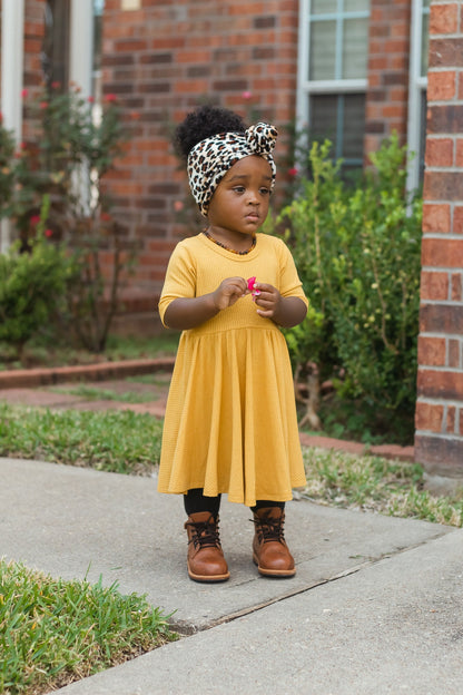 MID SLEEVE TWIRL DRESS- Honey Mustard Ribbed