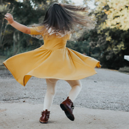 MID SLEEVE TWIRL DRESS- Honey Mustard Ribbed