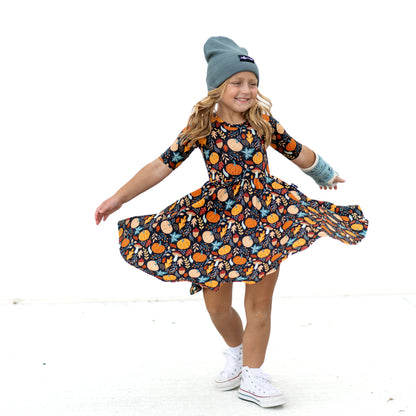MID SLEEVE TWIRL DRESS- Pumpkin Leaves
