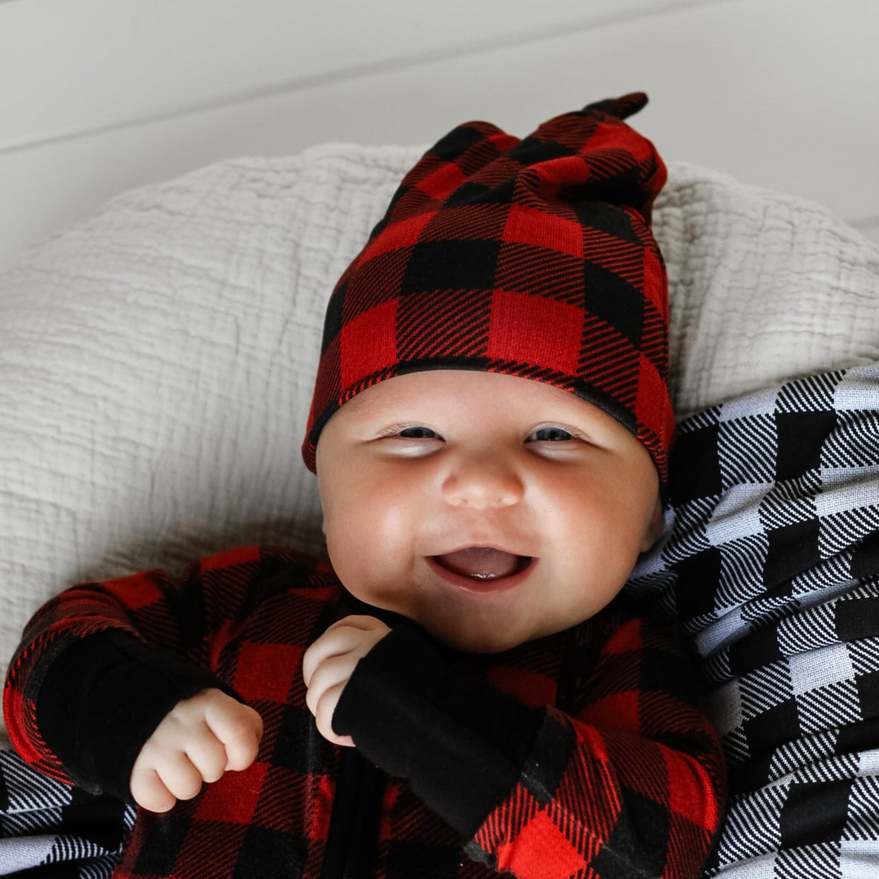 KNOT BEANIE- Red Buffalo Plaid