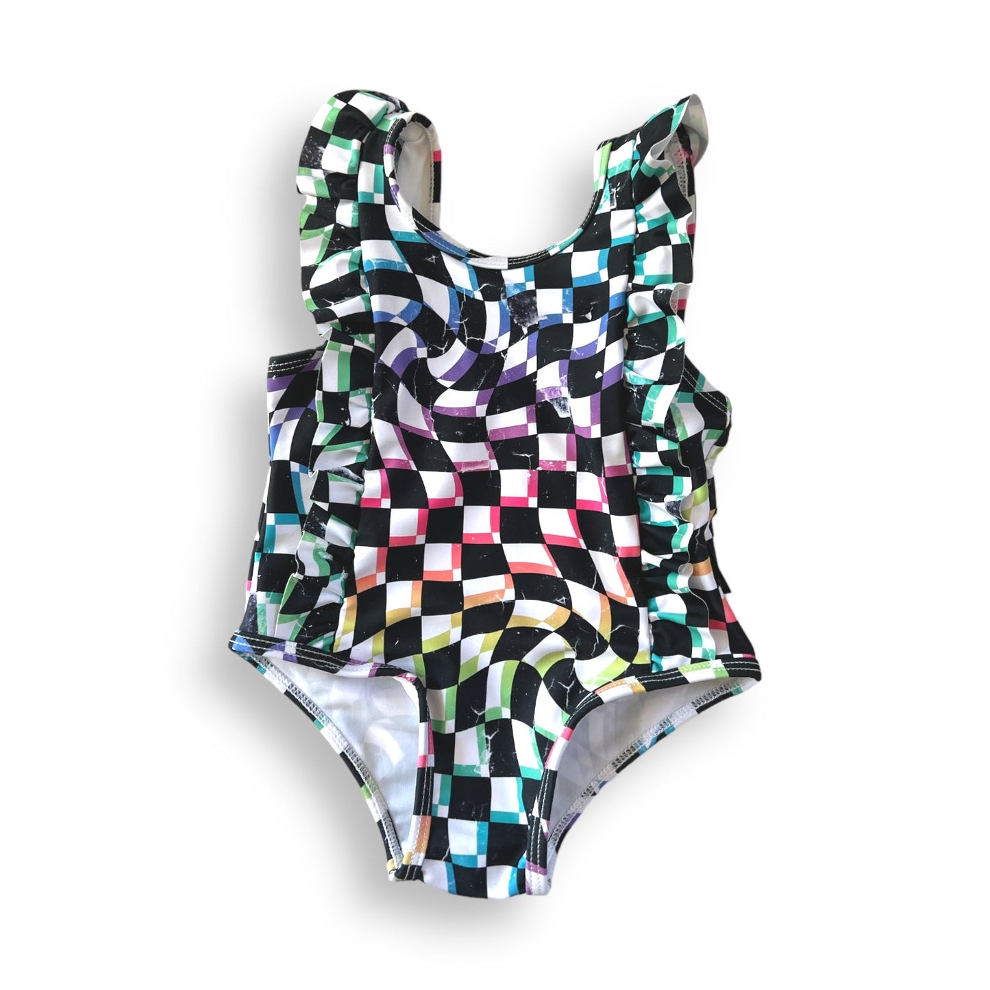 RUFFLE SWIMSUIT- Neon Dizzy Check