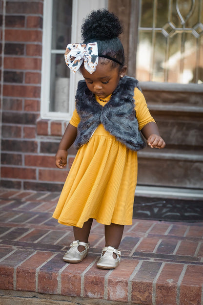 MID SLEEVE TWIRL DRESS- Honey Mustard Ribbed