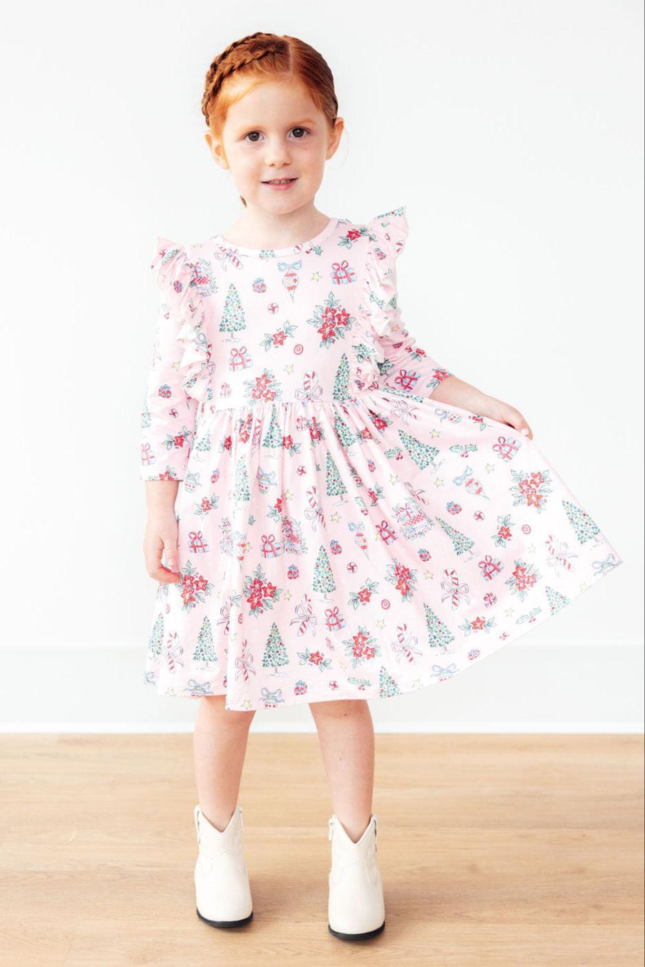 Pink Christmas 3/4 Sleeve Ruffle Twirl Dress