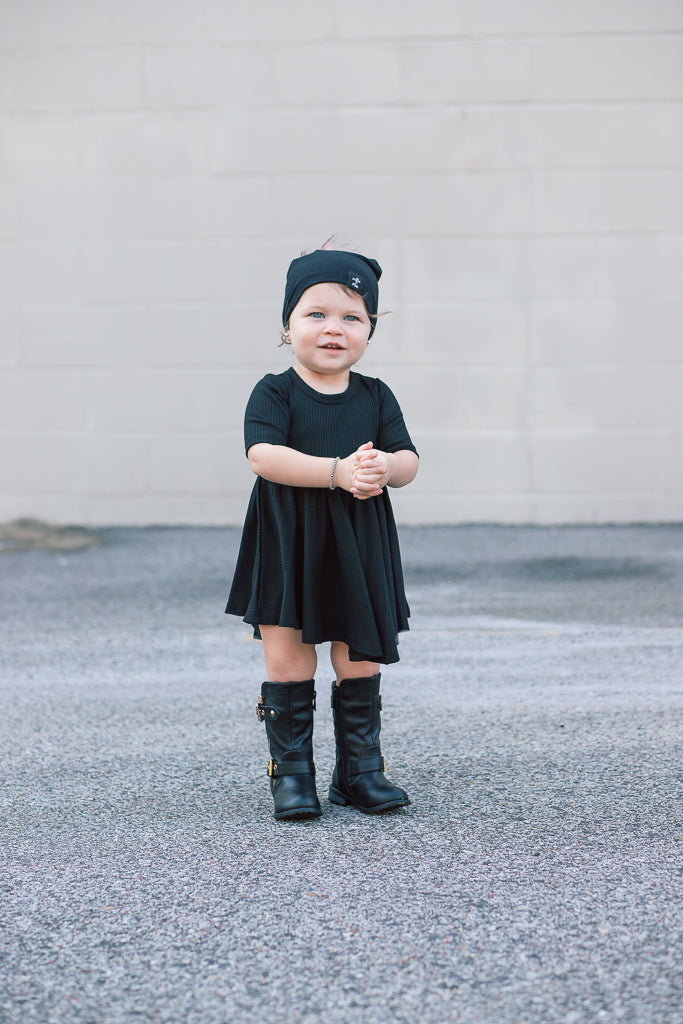 MID SLEEVE TWIRL DRESS- Midnight Ribbed