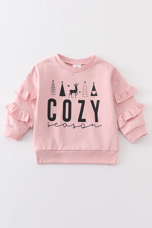 Pink Cozy Season Ruffle Sleeve Crewneck